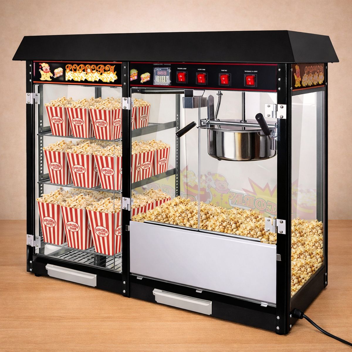 Popcornmachine met verwarmde plateaus Popcornmachine met verwarmde plateaus