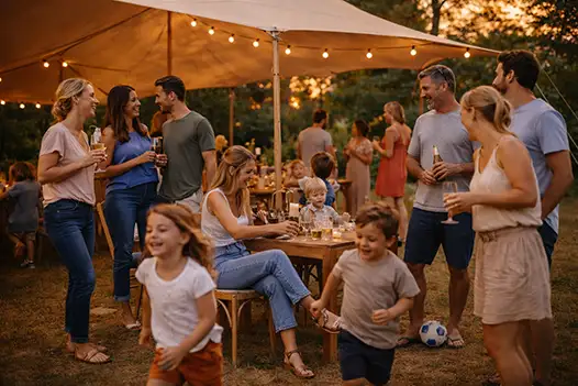 Gasten genieten van een sfeervol event onder warme verlichting