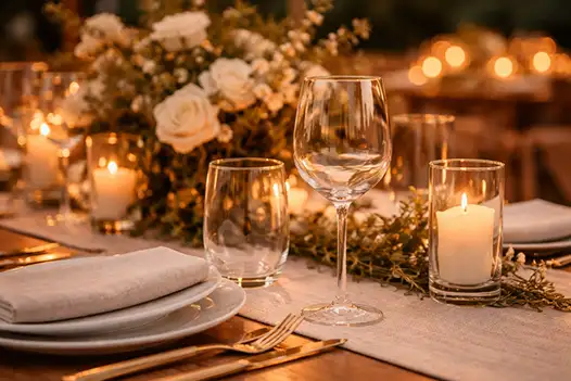 Stijlvol gedekte lange tafel met wit servies, glazen en bloemen in lichte binnenruimte.
