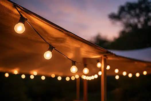Lange feesttafel met witte stoelen en sfeerverlichting van lampjes in tuinsetting tijdens avond
